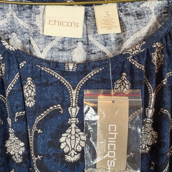 NWT Chico's Blue Elaborate Medallion Cold Shoulder Long Sleeve Beaded Detail - Picture 4 of 9